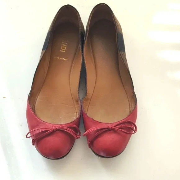 Fendi Ballet bow logo Canvas Leather cherry Red flats Size 6 - Picture 2 of 9